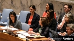 U.S. Ambassador to the U.N. Nikki Haley delivers remarks at a Security Council meeting on the situation in Syria at U.N. headquarters in New York, April 12, 2017.