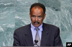 FILE - President Isaias Afwerki of Eritrea addresses the 66th session of the United Nations General Assembly at U.N. headquarters, Sept. 23, 2011.