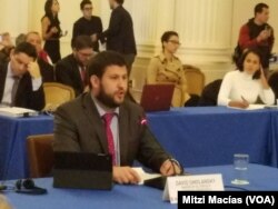 FILE - David Smolansky speaks in Caracas, Venezuela.