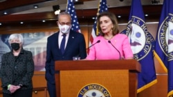 FILE - Speaker of the House Nancy Pelosi, D-Calif., center, joined from left by Treasury Secretary Janet Yellen and Senate Majority Leader Chuck Schumer, D-N.Y., updates reporters on Democratic efforts at the Capitol, Sept. 23, 2021.