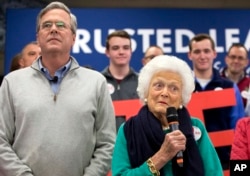 FILE - Barbara Bush, mother of Republican presidential candidate Jeb Bush, introduces her son at a town hall meeting in Derry, N.H., Feb. 4, 2016. The Republican campaign for the nomination because nasty early on, with multiple candidates hurling insults and disparaging remarks at one another and their critics. Mrs. Bush had recently complained that her son was too polite.