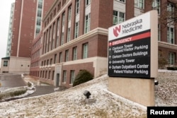 FILE - A view of the emergency entrance at the Nebraska Medical Center Biocontainment Unit in Omaha, Neb., Nov. 15, 2014.