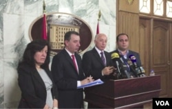 (From Left to Right) Lawmakers Wahida Yaqud, Aiden Maruf, Dlawer Ala'Aldeen, president of Middle East Research Institute, lawmaker Srood Maqdasy, in Irbil, Iraq, Aug. 10, 2015. (Photo : Sharon Behn / VOA)