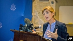 American ambassador to the United Nations Samantha Power speaks to media in Freetown, Sierra Leone, Oct. 27, 2014.