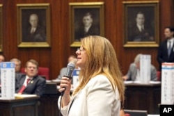 Arizona state Rep. Kelly Townsend addresses delegates to a balanced budget planning convention at the Arizona Capitol in Phoenix, Sept. 12, 2017.