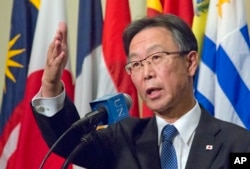 Japan's U.N. Ambassador Motohide Yoshikawa speaks during a press conference after attending a Security Council meeting on North Korea, Jan. 6, 2016 at U.N. headquarters.