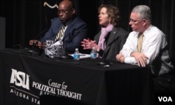 John Gillis (left), Heather Mac Donald (center) and attorney Bill Montgomery speak at a talk sponsored by the Center for Political Thought & Leadership at Arizona State University in 2015. (Flickr/Gage Skidmore)