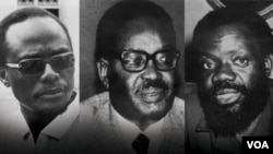 Holden Roberto, fundador da FNLA, Agostinho Neto, fundador do MPLA, e Jonas Savimbi, fundador da UNITA