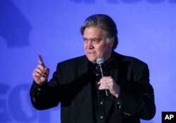 Steve Bannon, former strategist for President Donald Trump, speaks at at the California Republican Convention in Anaheim, Calf., Oct. 20, 2017.