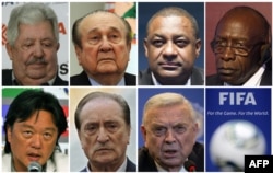 Gabungan foto yang dibuat pada 27 Mei 2015 menunjukkan para petinggi FIFA (kiri ke kanan, dari baris teratas) Rafael Esquivel, Nicolas Leoz, Jeffrey Webb, Jack Warner, Eduardo Li, Eugenio Figueredo dan Jose Maria Marin