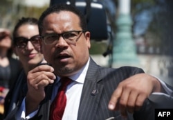 FILE - Congressman Keith Ellison of Minnesota speaks during a news conference in front of the Supreme Court, April 13, 2016. Ellison was the first Muslim elected to the U.S. Senate.