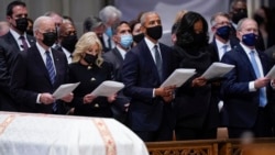 President Joe Biden, first lady Jill Biden, former President Barack Obama, former first lady Michelle Obama, former President George W. Bush stand during a funeral service for former Secretary of State Colin Powell, Washington National Cathedral, Nov. 5,