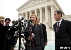 Abigail Fisher, the plaintiff in Fisher v. Texas, speaks outside the U.S. Supreme Court in Washington, Dec. 9, 2015.