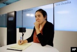 Noa Ovadia prepares for her debate against the IBM Project Debater Monday, June 18, 2018, in San Francisco. (AP Photo/Eric Risberg)