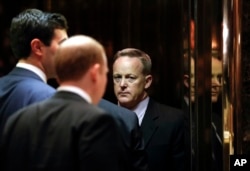 Sean Spicer, Republican National Committee communications director and chief strategist, he arrives at Trump Tower, Nov. 16, 2016, in New York.