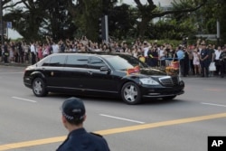 The limousine of Kim Jong Un arrives at the Istana, or Presidential Palace, in Singapore on June 10, 2018, to meet Singapore Prime Minister Lee Hsien Loong ahead the summit between U.S. leader Donald Trump and North Korea leader Kim.