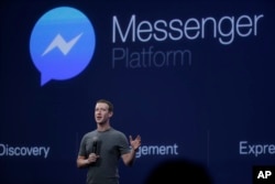 FILE - CEO Mark Zuckerberg talks about the Messenger app during a Facebook developer conference in San Francisco, California, March 25, 2015.