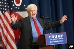 FILE - Former House Speaker Newt Gingrich speaks during a campaign rally at the Sharonville Convention Center in Cincinnati.