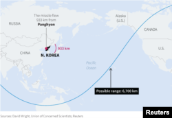 North Korea said Tuesday it successfully test-launched an intercontinental ballistic missile (ICBM), which flew 933 km reaching an altitude of 2,802 km. One independent analyst suggests the missile could reach a maximum range of around 6,700 km.