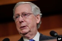 Senate Majority Leader Mitch McConnell of Ky., speaking to members of the media at the Capitol in Washington, Nov. 7, 2018.