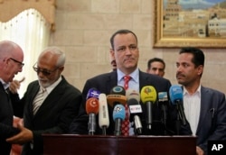 FILE - U.N. special envoy to Yemen, Ismail Ould Cheikh Ahmed speaks at a press conference in Sanaa, Yemen.