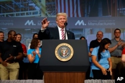 President Donald Trump speaks to the National Association of Manufactures at the Mandarin Oriental hotel, Sept. 29, 2017, in Washington.