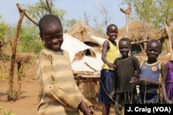 FILE - South Sudanese refugee children play in the Bidibidi refugee settlement in Yumbe, Uganda, April 2, 2017.