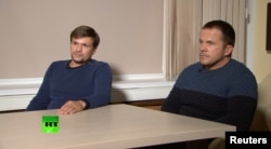 FILE - A still image taken from video footage and released by Russia's RT international news channel Sept. 13, 2018, shows two Russian men identified as Ruslan Boshirov (L) and Alexander Petrov during an interview at an unnamed location.