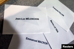 Names of 2017 French presidential election candidates are printed during the first round of 2017 French presidential election in Paris, France, April 23, 2017.
