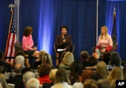 U.S. Treasurer Jovita Carranza, center, talks as former Congresswoman Nan Hayworth, left, and White House senior adviser Ivanka Trump, right, listens during a town hall meeting on Tax Reform at the Northampton Township Senior Center in Richboro, Pa., Oct. 23, 2017.