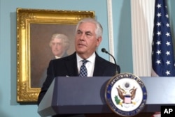 Secretary of State Rex Tillerson responds to a question about North Korea after speaking on the release of the 2016 annual report on International Religious Freedom, Aug. 15, 2017, at the State Department in Washington.