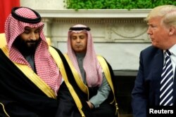 U.S. President Donald Trump delivers remarks as he welcomes Saudi Arabia's Crown Prince Mohammed bin Salman in the Oval Office at the White House in Washington, March 20, 2018.