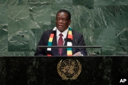 FILE - Zimbabwe's President Emmerson Mnangagwa addresses the 73rd session of the United Nations General Assembly at the United Nations headquarters, Sept. 26, 2018.
