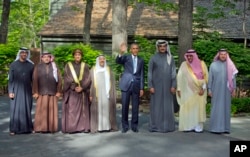 FILE - President Barack Obama (c) stands with Arab Gulf leaders at Camp David, May 14, 2015.