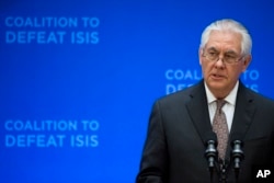 Secretary of State Rex Tillerson speaks at the Meeting of the Ministers of the Global Coalition on the Defeat of ISIS, March 22, 2017, at the State Department in Washington.