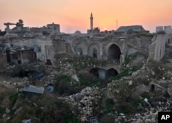 FILE - A Jan. 19, 2017, photo shows a general view of the destruction in the old city of Aleppo, Syria.