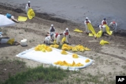 Workers clean up oil along a beach at South Pass, La. May 11, 2010 near where the Mississippi River meets the Gulf of Mexico.