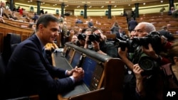 Spain's Prime Minister Pedro Sanchez is photographed at the Spanish parliament in Madrid, Feb. 13, 2019.
