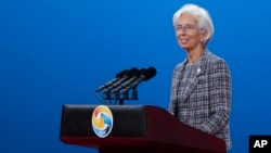 International Monetary Fund Managing Director Christine Lagarde speaks during the Belt and Road Forum for International Cooperation in Beijing, May 14, 2017.