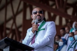 FILE - Ethiopia's Prime Minister Abiy Ahmed speaks in the southwestern Oromia Region of Ethiopia, June 16, 2021.