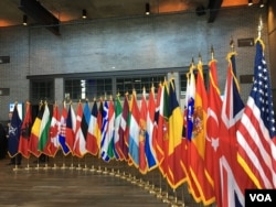 2019年4月3日北约互动论坛上的北约成员国国旗（美国之音黎堡）