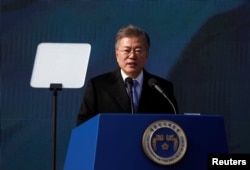 FILE - South Korean President Moon Jae-in delivers a speech during a ceremony celebrating the 99th anniversary of the March First Independence Movement against Japanese colonial rule, at Seodaemun Prison History Hall in Seoul, South Korea, March 1, 2018.