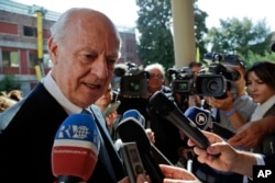 FILE - The U.N. special envoy for Syria, Staffan de Mistura, talks with journalists at the Vatican, Sept. 29, 2016.