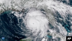 Oct. 9, 2018 satellite image provided by NOAA shows Hurricane Michael, center, in the Gulf of Mexico. (NOAA via AP)