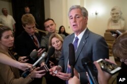 House Majority Leader Kevin McCarthy, R-Calif., speaks to reporters as he returns to the Capitol from a meeting with President Donald Trump about border security and ending the partial government shutdown, in Washington, Jan. 2, 2019.