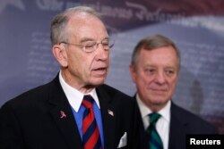 U.S. Senator Charles Grassley, left, and Senator Richard Durbin participate in a news conference about proposed criminal sentencing reform legislation at the U.S. Capitol in Washington, U.S., April 28, 2016.