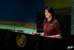 L'ambassadrice des États-Unis Nikki Haley s'adresse à l'ONU, New York, le 21 décembre 2017.