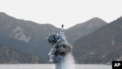 This photo of a purported underwater test-fire of a ballistic missile from a submarine was released April 24, 2016, by North Korea's Korean Central News Agency.