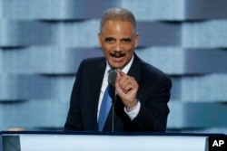 FILE - Former Attorney General Eric Holder speaks during the second day of the Democratic National Convention in Philadelphia, July 26, 2016. Holder now is advising California's legislature on challenging President Donald Trump over immigration, environmental regulations and health care.