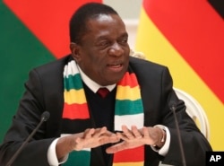 Zimbabwe's President Emmerson Mnangagwa speaks during a meeting with Belarus' President Alexander Lukashenko in Minsk, Belarus, Jan. 17, 2019.